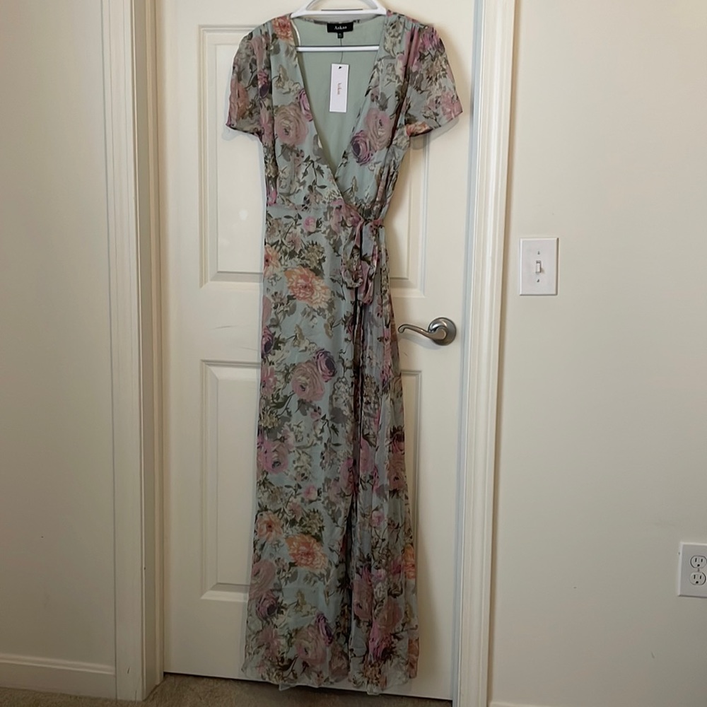 Vici Floral Wrap Maxi Dress in Sage with Pink & Mauve Blooms